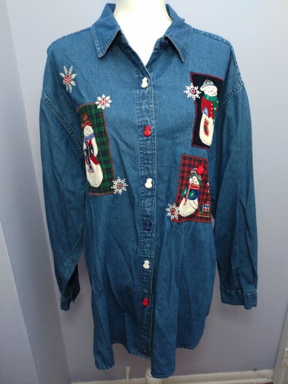 Vintage Christmas Denim Shirt Sz 2X Embroidered Snowman & Snowflakes Holiday